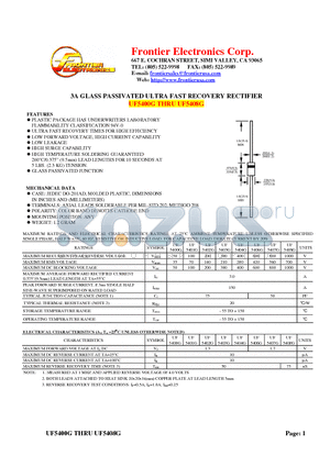 UF5400G datasheet - 3A GLASS PASSIVATED ULTRA FAST RECOVERY RECTIFIER