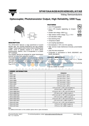 SFH615AA-X006 datasheet - Optocoupler, Phototransistor Output, High Reliability, 5300 VRMS