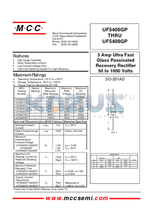 UF5400GP datasheet - 3 Amp Ultra Fast Glass Passivated Recovery Rectifier 50 to 1000 Volts
