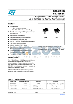 ST3485EBDR datasheet - 3.3 V powered, 15 kV ESD protected, up to 12 Mbps RS-485/RS-422 transceiver