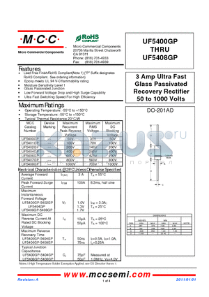 UF5400GP datasheet - 3 Amp Ultra Fast Glass Passivated Recovery Rectifier 50 to 1000 Volts