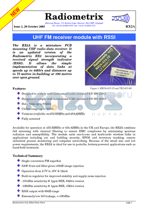 RX2A-433-64 datasheet - UHF FM receiver module with RSSI