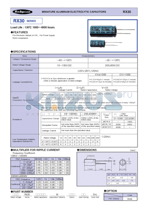 RX30 datasheet - MINIATURE ALUMINUM ELECTROLYTIC CAPACITORS