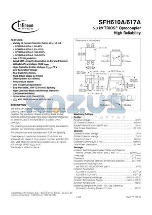 SFH617A datasheet - 5.3 kV TRIOS Optocoupler High Reliability