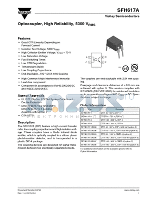 SFH617A datasheet - Optocoupler, High Reliability, 5300 VRMS
