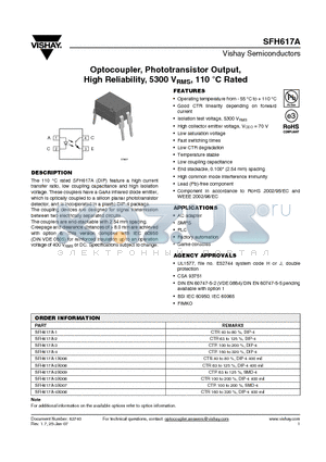 SFH617A-1 datasheet - Optocoupler, Phototransistor Output, High Reliability, 5300 VRMS, 110 `C Rated