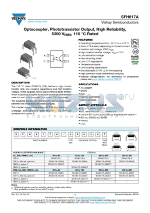 SFH617A-3 datasheet - Optocoupler, Phototransistor Output, High Reliability, 5300 VRMS, 110 `C Rated