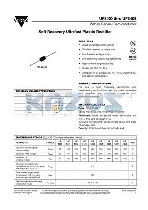 UF5402 datasheet - Soft Recovery Ultrafast Plastic Rectifier