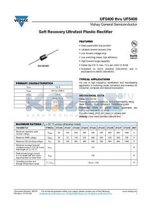 UF5402 datasheet - Soft Recovery Ultrafast Plastic Rectifier