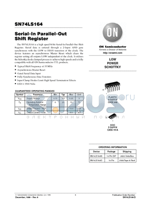 SN74LS164 datasheet - LOW POWER SCHOTTKY