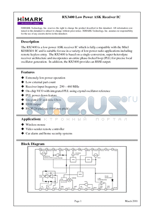 RX3400 datasheet - Low Power ASK Receiver IC