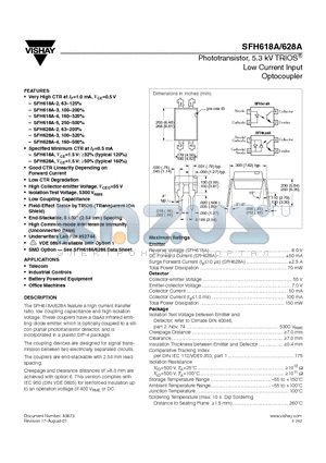 SFH618A-2 datasheet - Phototransistor, 5.3 kV TRIOS Low Current Input Optocoupler