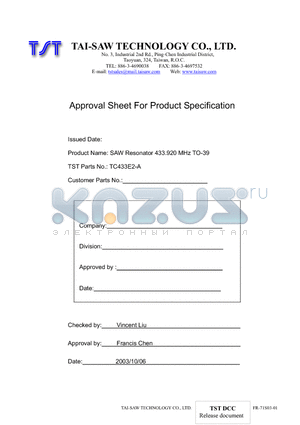 TC433E2-A datasheet - SAW Resonator 433.920 MHz TO-39