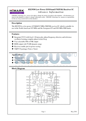 RX3930 datasheet - Low Power ISM-band FM/FSK Receiver IC