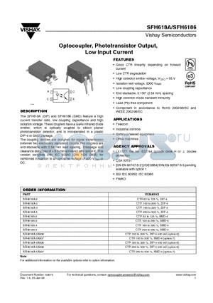 SFH618A-4 datasheet - Optocoupler, Phototransistor Output, Low Input Current