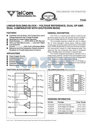 TC43EOR datasheet - LINEAR BUILDING BLOCK - VOLTAGE REFERENCE, DUAL OP AMP, DUAL COMPARATOR WITH SHUTDOWN MODE