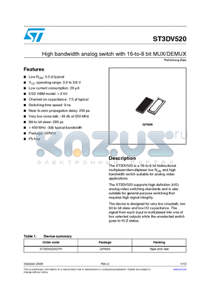 ST3DV520 datasheet - High bandwidth analog switch with 16-to-8 bit MUX/DEMUX