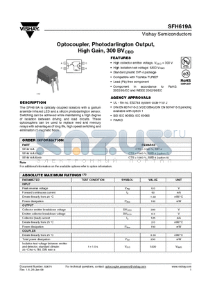 SFH619A datasheet - Optocoupler, Photodarlington Output, High Gain, 300 BVCEO