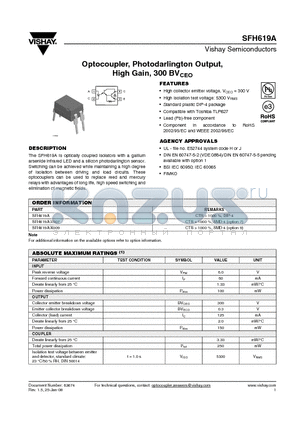 SFH619A-X007 datasheet - Optocoupler, Photodarlington Output, High Gain, 300 BVCEO