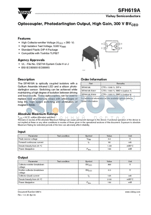 SFH619A-X009 datasheet - Optocoupler, Photodarlington Output, High Gain, 300 V BV