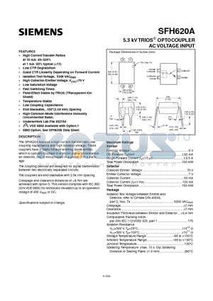 SFH620A datasheet - 5.3 kV TRIOS OPTOCOUPLER AC VOLTAGE INPUT