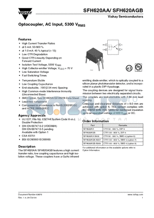 SFH620AA datasheet - Optocoupler, AC Input, 5300 VRMS