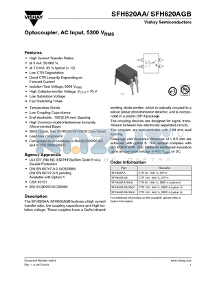 SFH620AA-X009 datasheet - Optocoupler, AC Input, 5300 VRMS