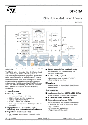 ST40RA166XH6 datasheet - 32-bit Embedded SuperH Device