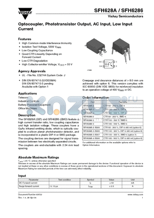 SFH6286-2 datasheet - Optocoupler, Phototransistor Output, AC Input, Low Input Current