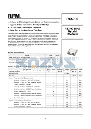 RX5000 datasheet - 433.92 MHz Hybrid Receiver