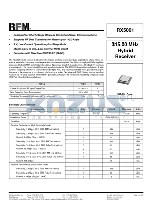 RX5001 datasheet - 315.00 MHz Hybrid Receiver