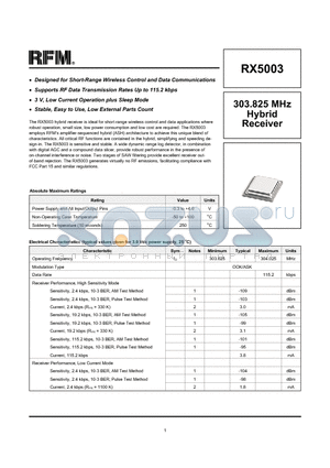 RX5003 datasheet - 303.825 MHz Hybrid Receiver
