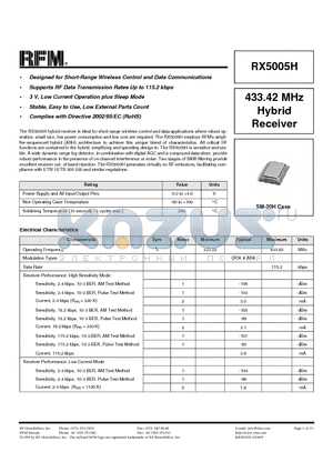 RX5005H datasheet - Designed for Short-Range Wireless Control and Data Communications
