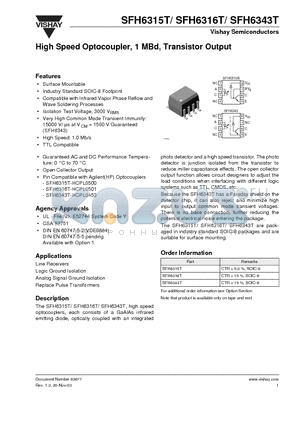 SFH6315T datasheet - High Speed Optocoupler, 1 MBd, Transistor Output