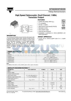 SFH6326-X007 datasheet - High Speed Optocoupler, Dual Channel, 1 MBd, Transistor Output