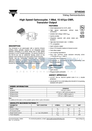 SFH6345 datasheet - High Speed Optocoupler, 1 Mbd, 15 kV/ls CMR, Transistor Output