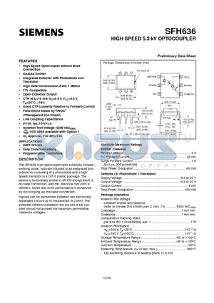 SFH636 datasheet - HIGH SPEED 5.3 kV OPTOCOUPLER