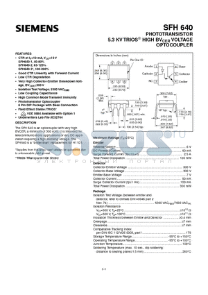 SFH640-1 datasheet - PHOTOTRANSISTOR 5.3 KV TRIOS HIGH BV CER VOLTAGE OPTOCOUPLER