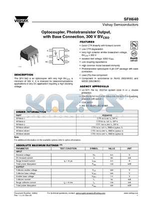 SFH640-1 datasheet - Optocoupler, Phototransistor Output, with Base Connection, 300 V BVCEO