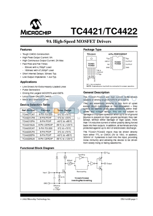 TC4422CPA datasheet - 9A High-Speed MOSFET Drivers
