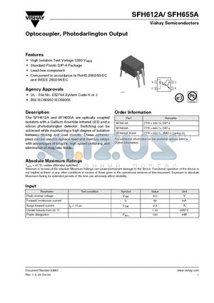 SFH655A datasheet - Optocoupler, Photodarlington Output