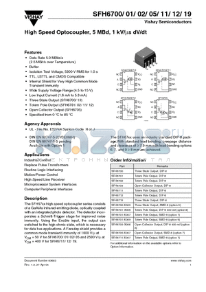 SFH6700-X009 datasheet - High Speed Optocoupler, 5 MBd, 1 kV/us dV/dt