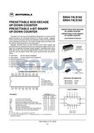 SN74LS193N datasheet - PRESETTABLE BCD/DECADE UP/DOWN COUNTER PRESETTABLE 4-BIT BINARY UP/DOWN COUNTER