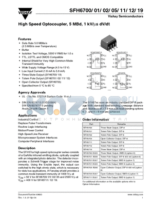 SFH6711 datasheet - High Speed Optocoupler, 5 MBd, 1 kV/us dV/dt