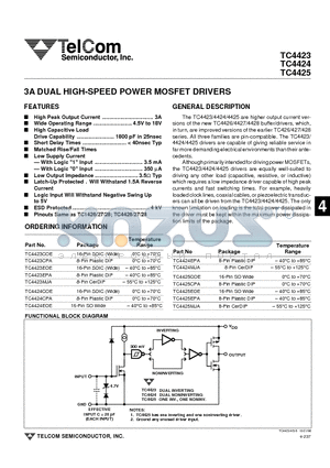 TC4423CPA datasheet - 3A DUAL HIGH-SPEED POWER MOSFET DRIVERS