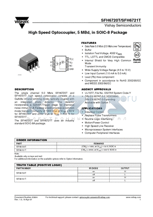 SFH6720T_07 datasheet - High Speed Optocoupler, 5 MBd, in SOIC-8 Package