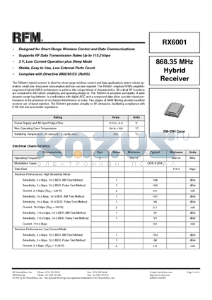RX6001 datasheet - 868.35 MHz Hybrid Receiver