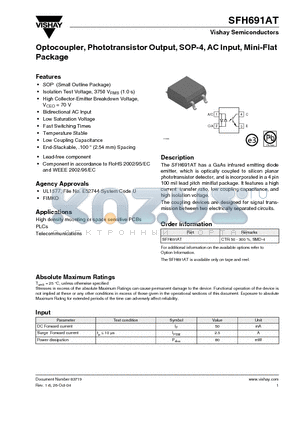 SFH691AT datasheet - Optocoupler, Phototransistor Output, SOP-4, AC Input, Mini-Flat Package