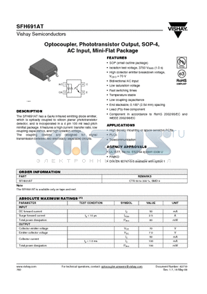 SFH691AT datasheet - Optocoupler, Phototransistor Output, SOP-4, AC Input, Mini-Flat Package