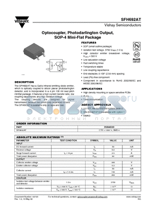 SFH692AT datasheet - Optocoupler, Photodarlington Output, SOP-4 Mini-Flat Package